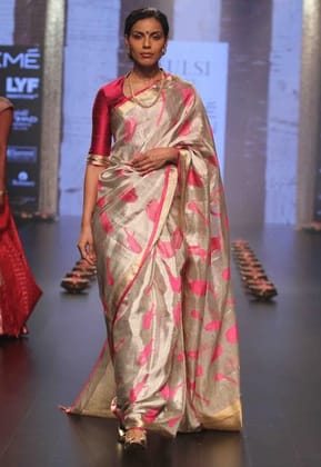 Classic Beige and Pink Designer Kanjeevaram Silk Printed Sari J-93