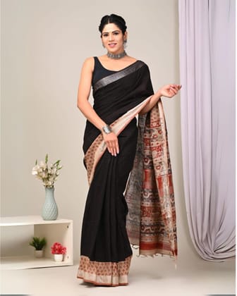 Linen Blockprinted Vivid Black Natural Dye Saree