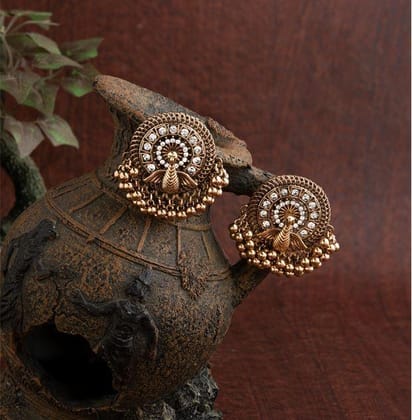 Silver / Gold Plated Stone Studded Peacock Designed With Beads Antique Earring- AER 1494