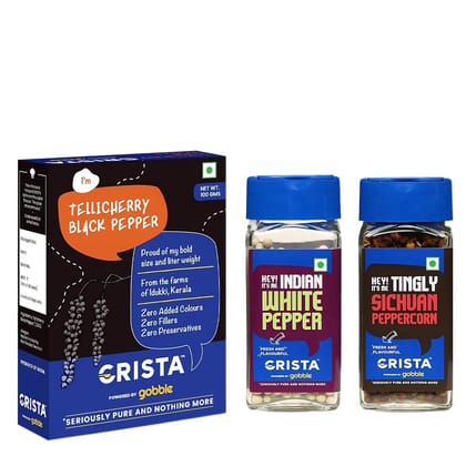CRISTA Peppercorn Combo Pack (Sichuan Peppercorn 40 gm, White Peppercorn 50 gm & Tellicherry Black Pepper 100 gm) - Pack of 3