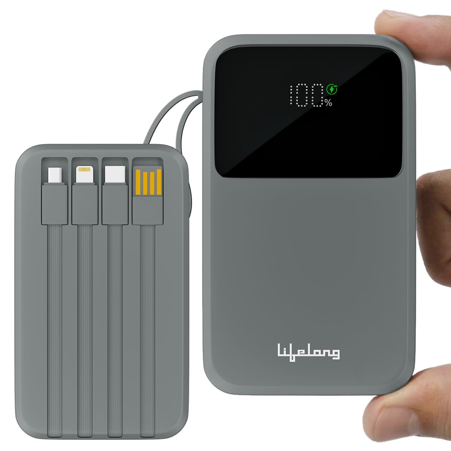 Lifelong Electronics 20000mAh 22.5W Fast Charging Power Bank | 3 Inputs (1 Built-in USB A Cable + 1 C + 1 Lightning Port) & 6 Outputs (3 Built-in Cables + 1 C + 2 A Port) | Small Pocket Size Powerbank Lifelong Electronics 20000mAh 22.5W Fast Charging Pow