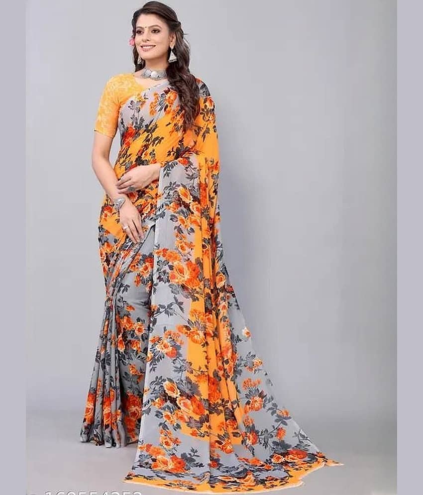 Suntex Georgette Printed Regular Saree With Unstitched Blouse Piece ( Orange )
