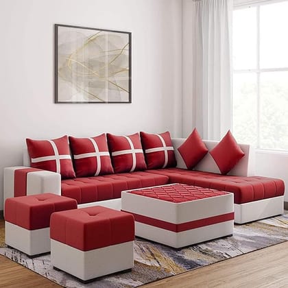 Starlet Furniture Jamestown L Shape 8 Seater Sectional Fabric Sofa Set with Center Table and 2 Puffy Living Room (Left Side, Red)