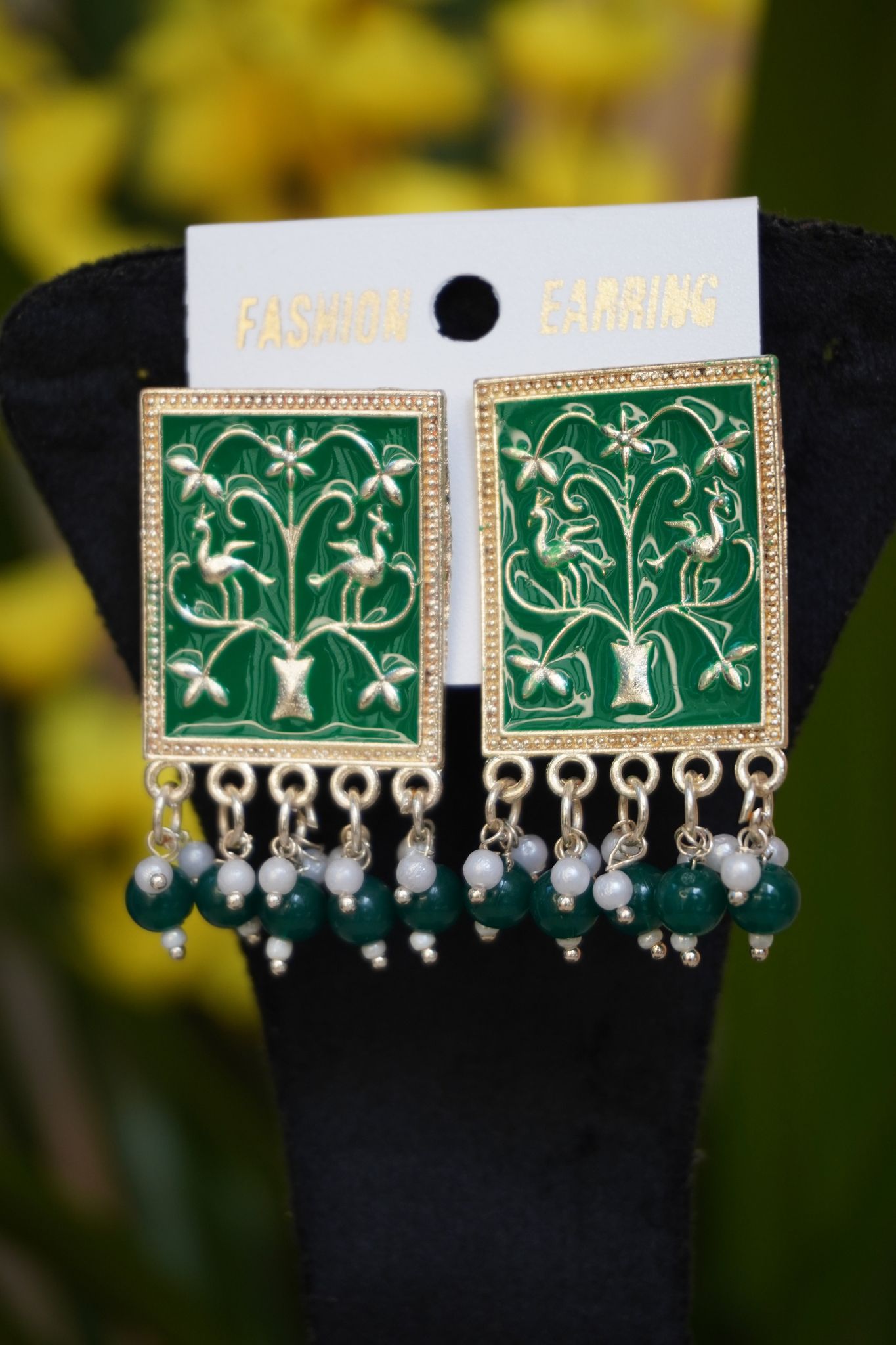 Green colour rectangle shape meenakari stud-One Size