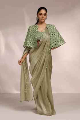 PRE STITCH SAREE WITH BUSTIER AND CAPE JACKET SET-XS