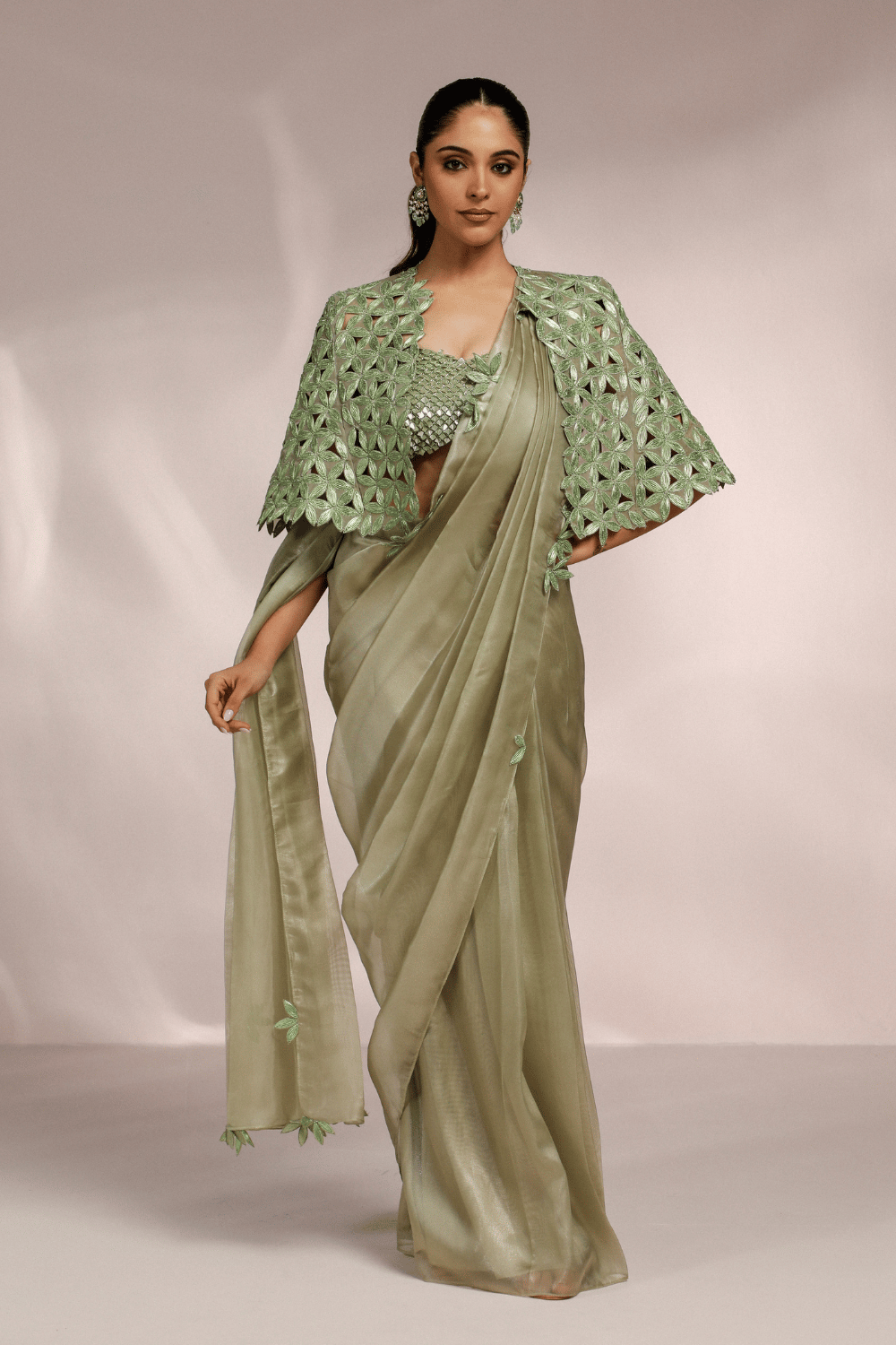 PRE STITCH SAREE WITH BUSTIER AND CAPE JACKET SET-XS
