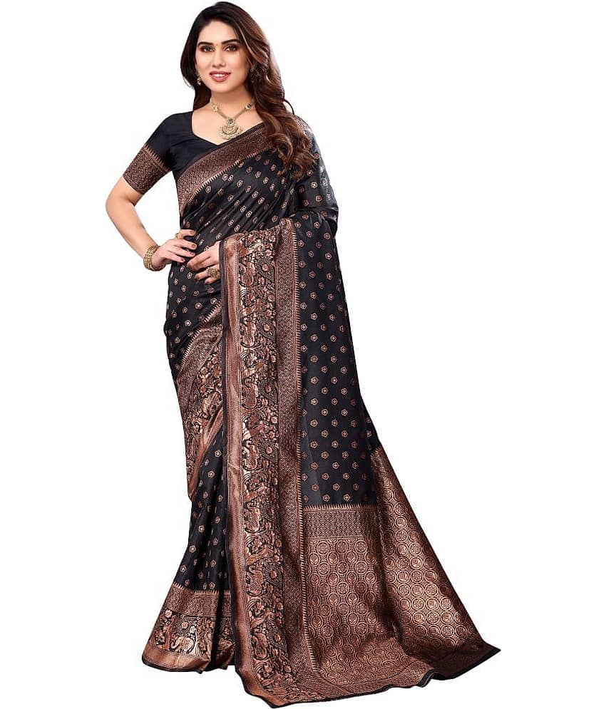 Sidhidata Banarasi Silk Self Design Saree With Unstitched Blouse Piece ( Black )