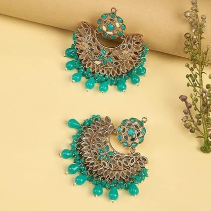 Gold-Toned Circular Mirror Kundan Firozi Turquoise Chandbali Earrings