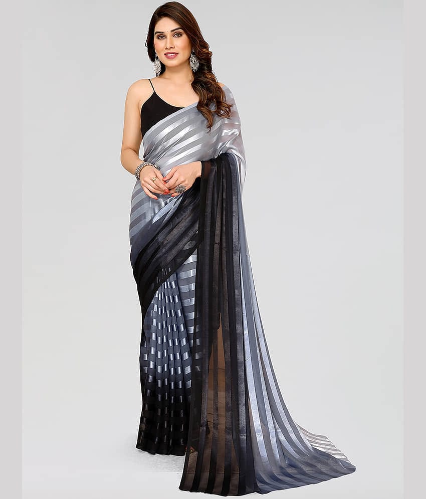 ANAND SAREES Satin Striped Saree With Unstitched Blouse Piece ( Grey )