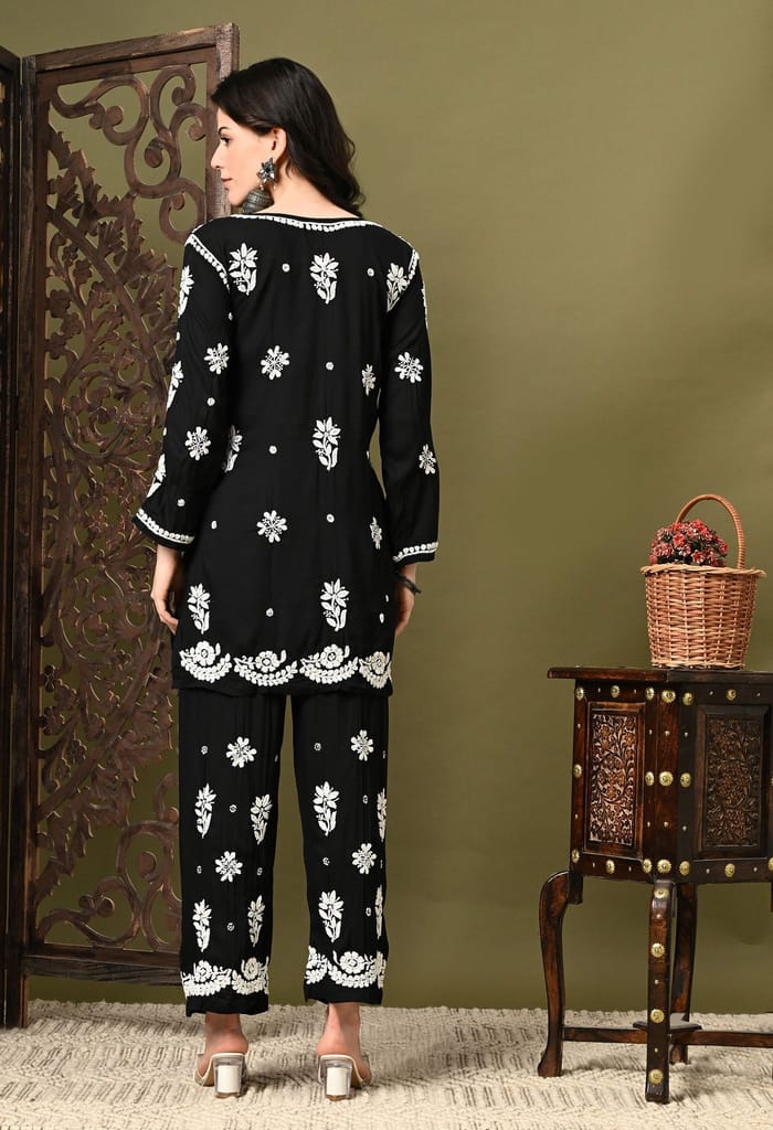 Chikankari Cord Set in Modal Fabric - Black
