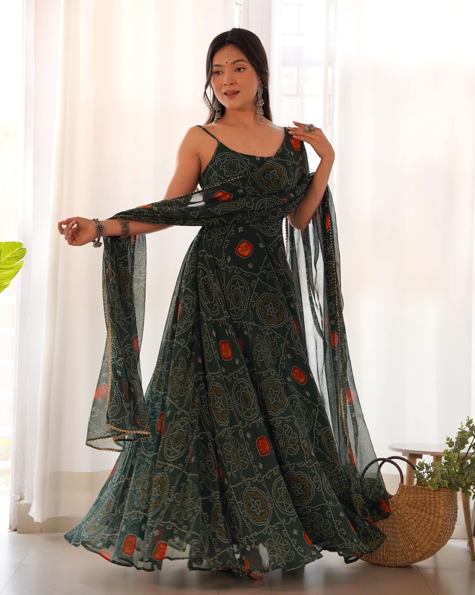 Designer Pure Soft Lightweight Chiffon Bandhej Fully Flared Gown, Dupatta, and Pant Set - Ready to Wear, Fully Stitched.-xs