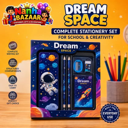 Nanha Bazaar Dream Space-Themed Stationery Set for Boys & Girls12 Pcs Stationery Kit with Pencil Case, Pencils, Eraser, Ruler, Sharpener & More