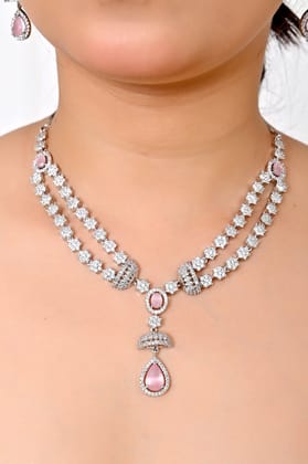 Elegant American Diamond Pink Crystal Necklace Set with Drop Pendant-15cm / Pink / Premium CZ crystals with sophisticated drop pendant design, doublet setting (2-layer) for enhanced sparkle and g