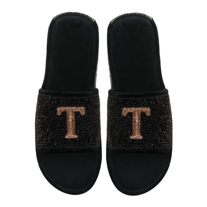 Black Velvet Cut Stone Hand Zardosi Slippers by BRUNE & BARESKIN-41/7