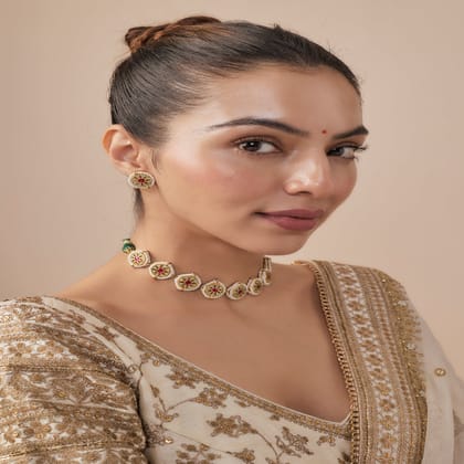 vivinia BY VIDHI MEHRA Saadgi Gold Plated Green & Pink Womens Kundan, Polki Choker Necklace Set with 2 Pair of Earrings (Freesize) - VN832
