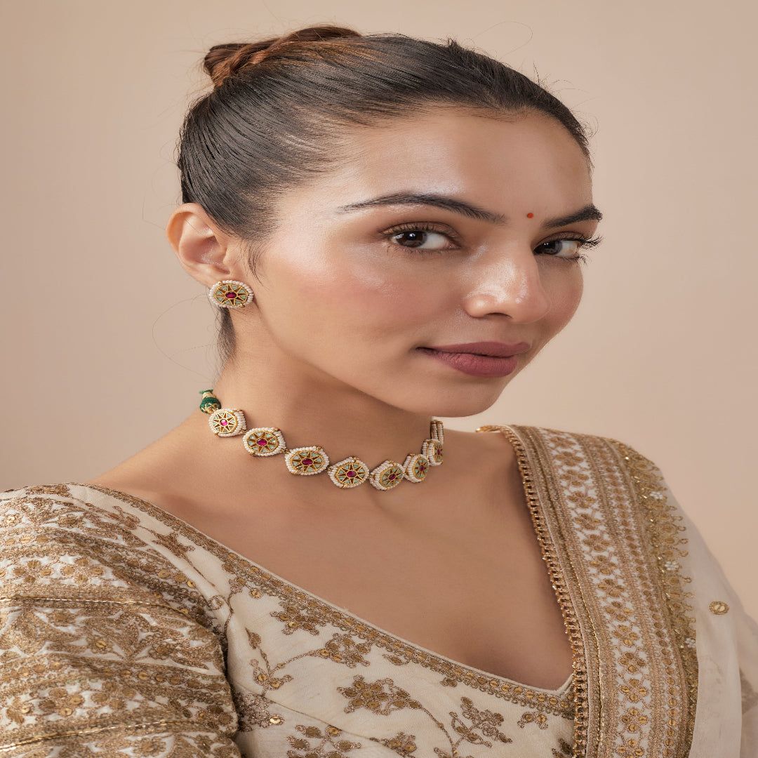 vivinia BY VIDHI MEHRA Saadgi Gold Plated Green & Pink Womens Kundan, Polki Choker Necklace Set with 2 Pair of Earrings (Freesize) - VN832