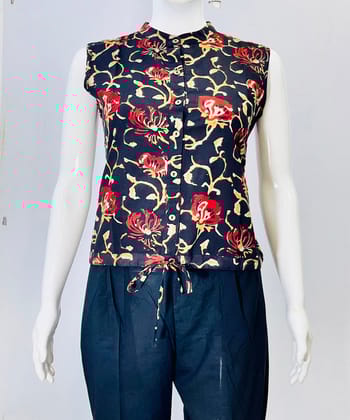 Indigo natural dyed handblock cotton printed top