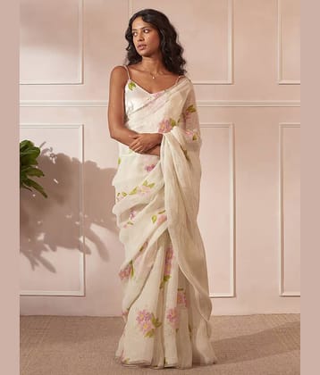 Villagius Cotton Printed Maheshwari Saree With Unstitched Blouse Piece ( White )