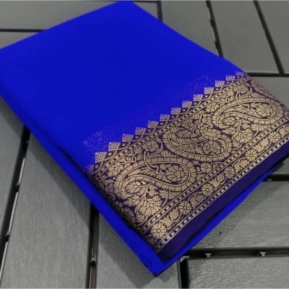 womens crepe chit pallu solid saree with unstitched blouse 5mtr navy blue pid64827