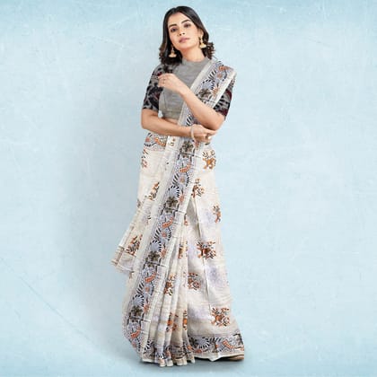 Silver Pink Kantha Stitch Tussar Silk Saree