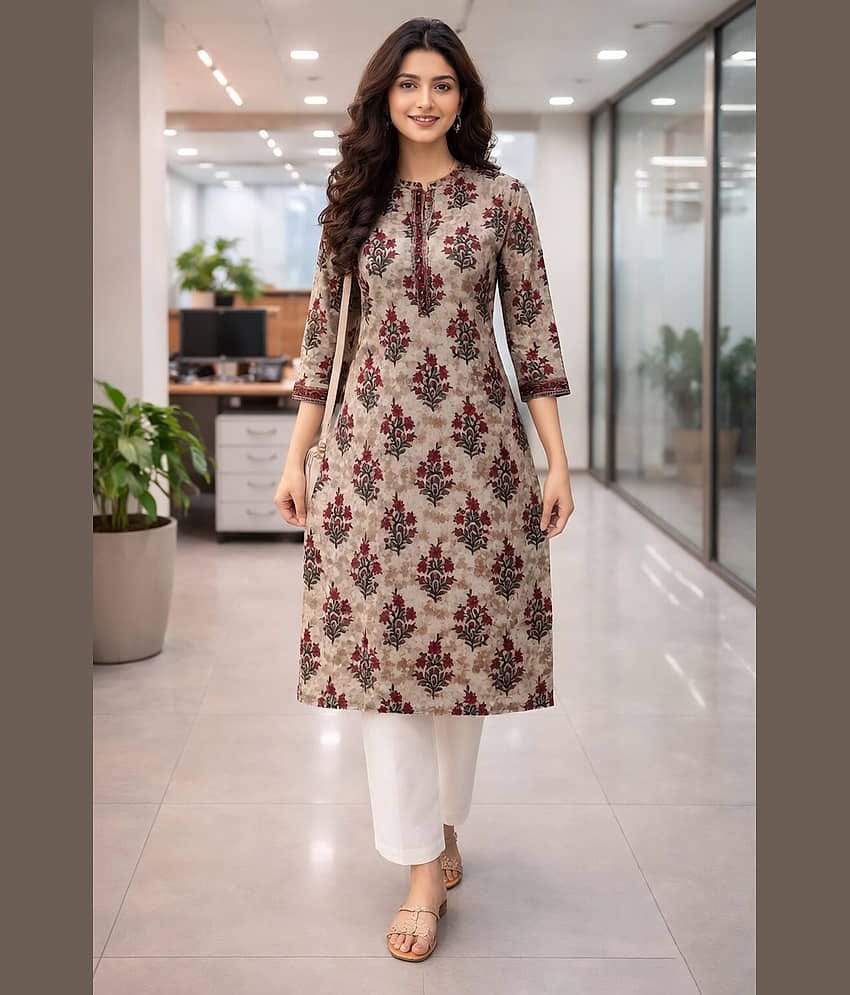 Rajnandini Women 100% Cotton Printed Straight Kurti ( Brown )
