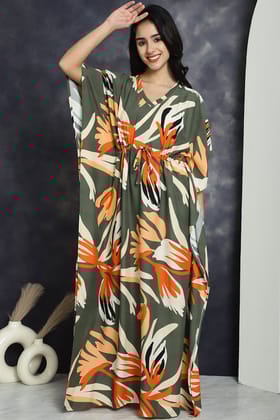 Green Floral Printed Viscose Rayon Nightdress Maxi Kaftan For Women-Onesize
