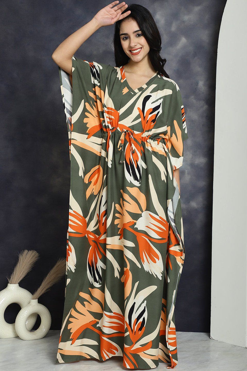 Green Floral Printed Viscose Rayon Nightdress Maxi Kaftan For Women-Onesize