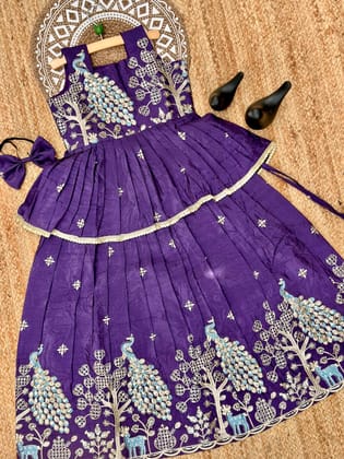 Effortless Embroidery Work Pure Gold crush Lehengha and Top for Kids-Purple / 0-6 Month