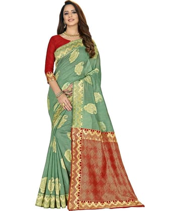 Sariya Silk Blend Woven Saree With Unstitched Blouse Piece ( Green )