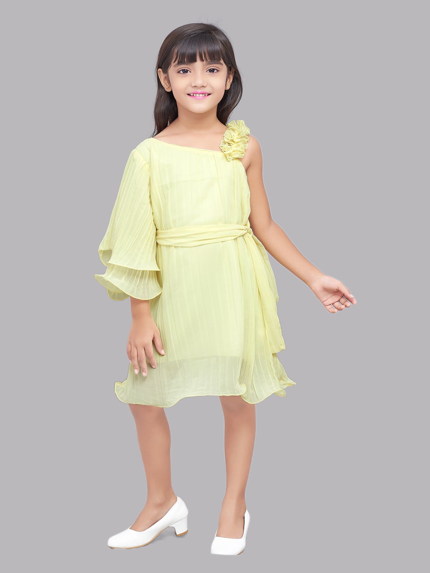 Pink Chick  Accordion Pleated One Shoulder  Dress -Yellow-13-14y / Yellow