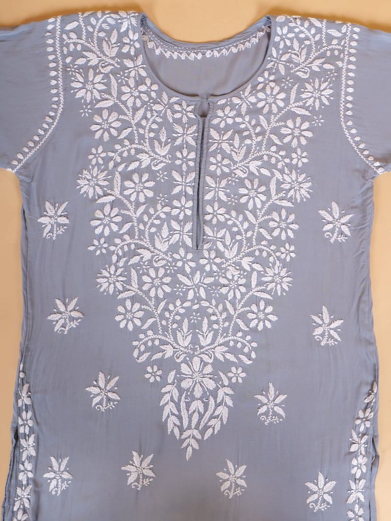 Pure Modal Heavy Bota Pattern hand embroidered Chikankari Kurta Set -Grey