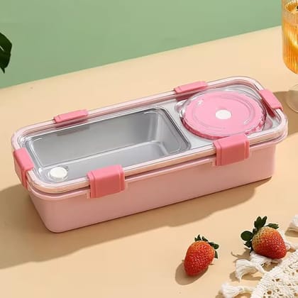 600ml 2 Compartment Stainless Steel Lunch Box with Cutlery and 150ml Cup-Pink