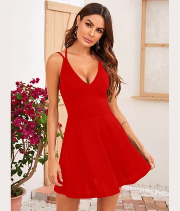 Aahwan Women Polyester Solid Fit & Flare Dress ( Red )