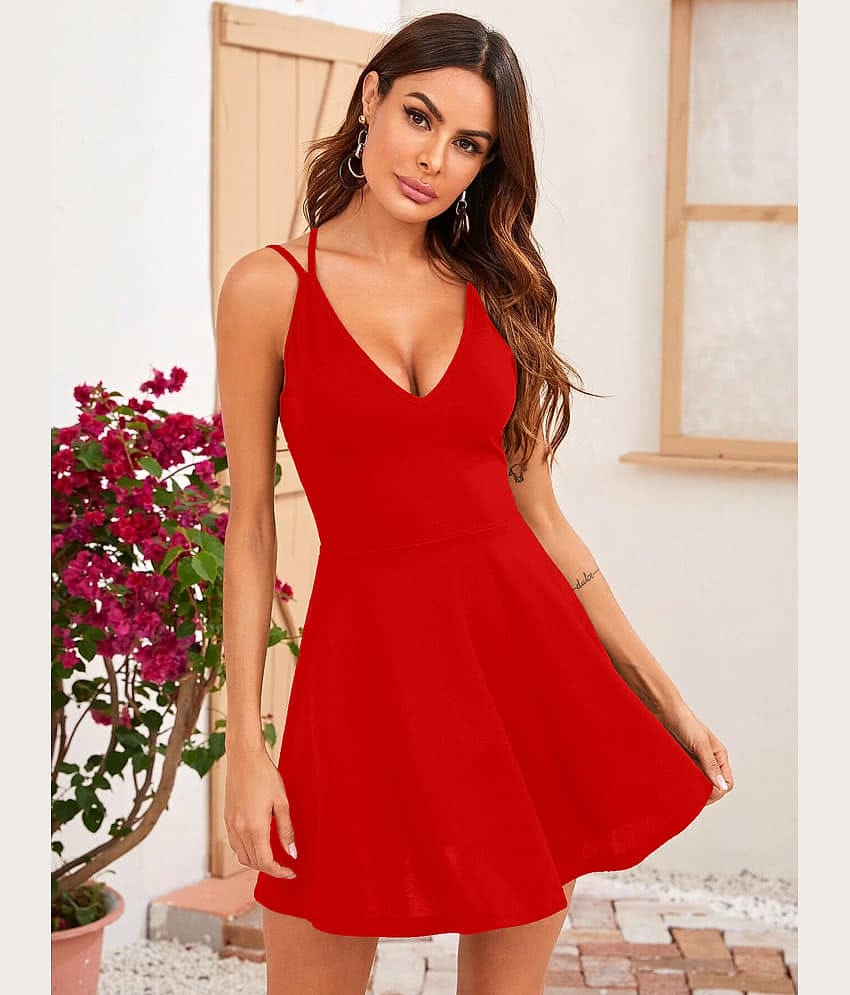 Aahwan Women Polyester Solid Fit & Flare Dress ( Red )