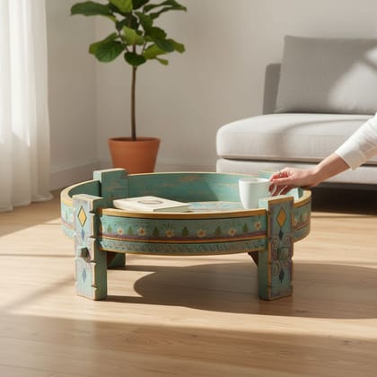 BAANMATA INTERNATIONAL Handicraft Home-Living Chakki Table,Beautiful Painted Wooden Grinder-Table,Round Coffee Table Cum Lamp-Holder Table,Multipurpose Table for Office/Home