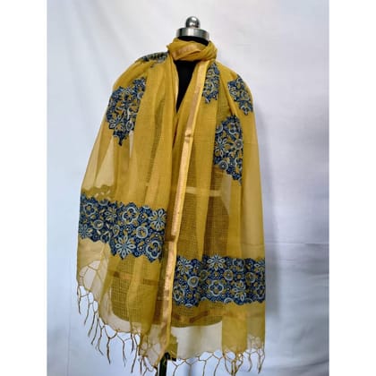 Ajrak Applique Kota Doria Serene Mustard Dupatta