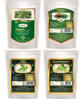 Biotic Neem Leaf, Moringa Leaf, Tulsi Leaf and Amla Powder 400 gm Pack of 4