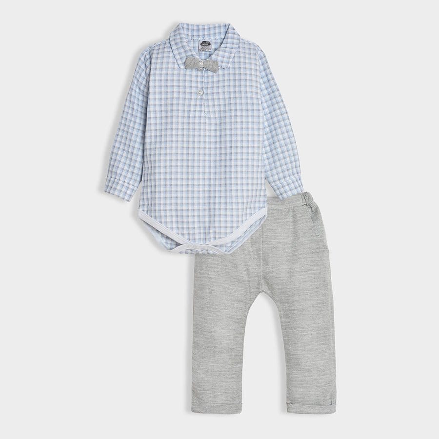 Bloom Woven Blue Check Shirt Style Romper and Grey Trouser-3-6 M / Blue