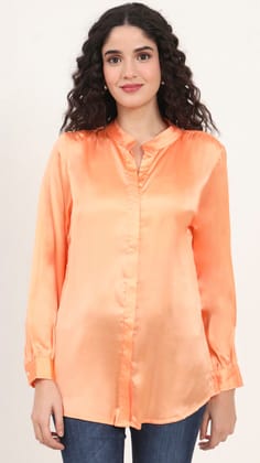 Summer Satin Crimson Orange Mandarin Collar Shirt-S / CRIMSON ORANGE