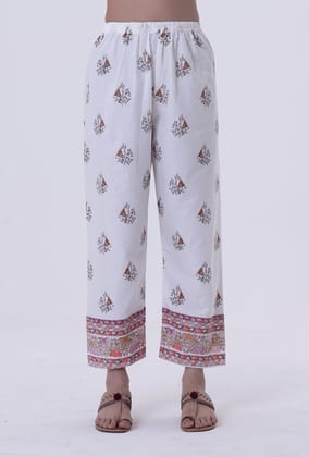 White Color Cotton Pant with Multicolor Motif-M