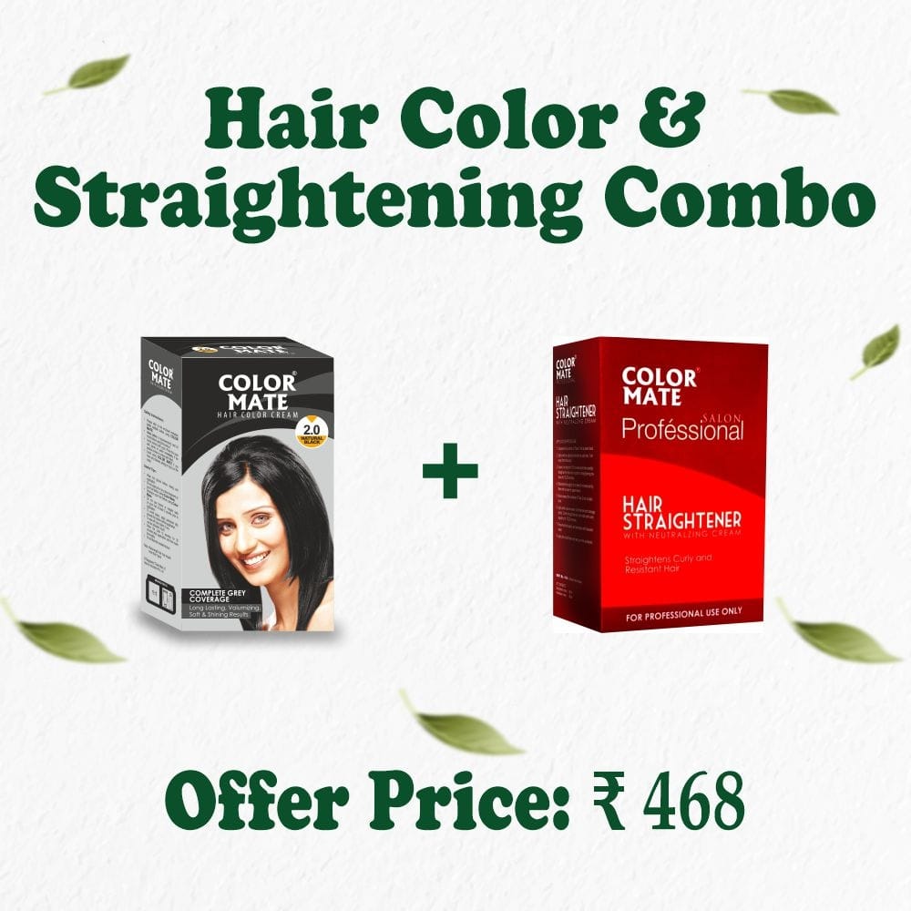 Color Mate Color & Straighten Combo – Natural Black Hair Color Cream (60ml) + Hair Straightener (120ml x 2) | Ammonia-Free | Smooth & Colored Hair at Home