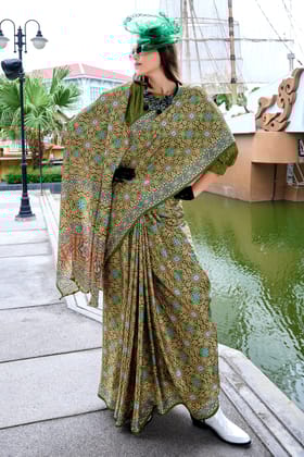 Green Printed Satin Silk Saree