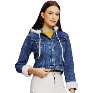 Minha Denim Womens Fancy Glamorous Jacket with Hood Cap Stylish and Trendy Outerwear for Casual and Evening Wear