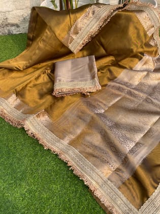New Golden Color Banarasi Tissue Silk Jacquard n Lace Work Fancy Designer Partywear Saree