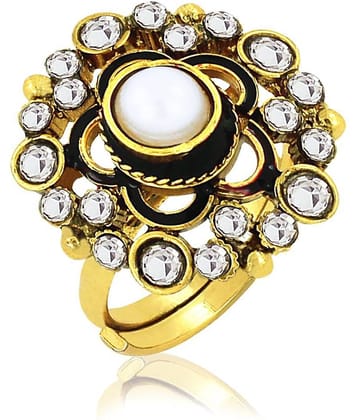 Spargz Traditional Wedding Wear Gold Brass American Diamond & Pearl Adjustable Finger Ring For Women AIFR 009