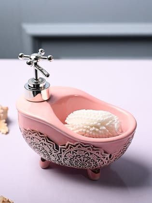 Ceramic Pink Bath Tub Shaped Soap Dispenser - Embossed Glossy Finish