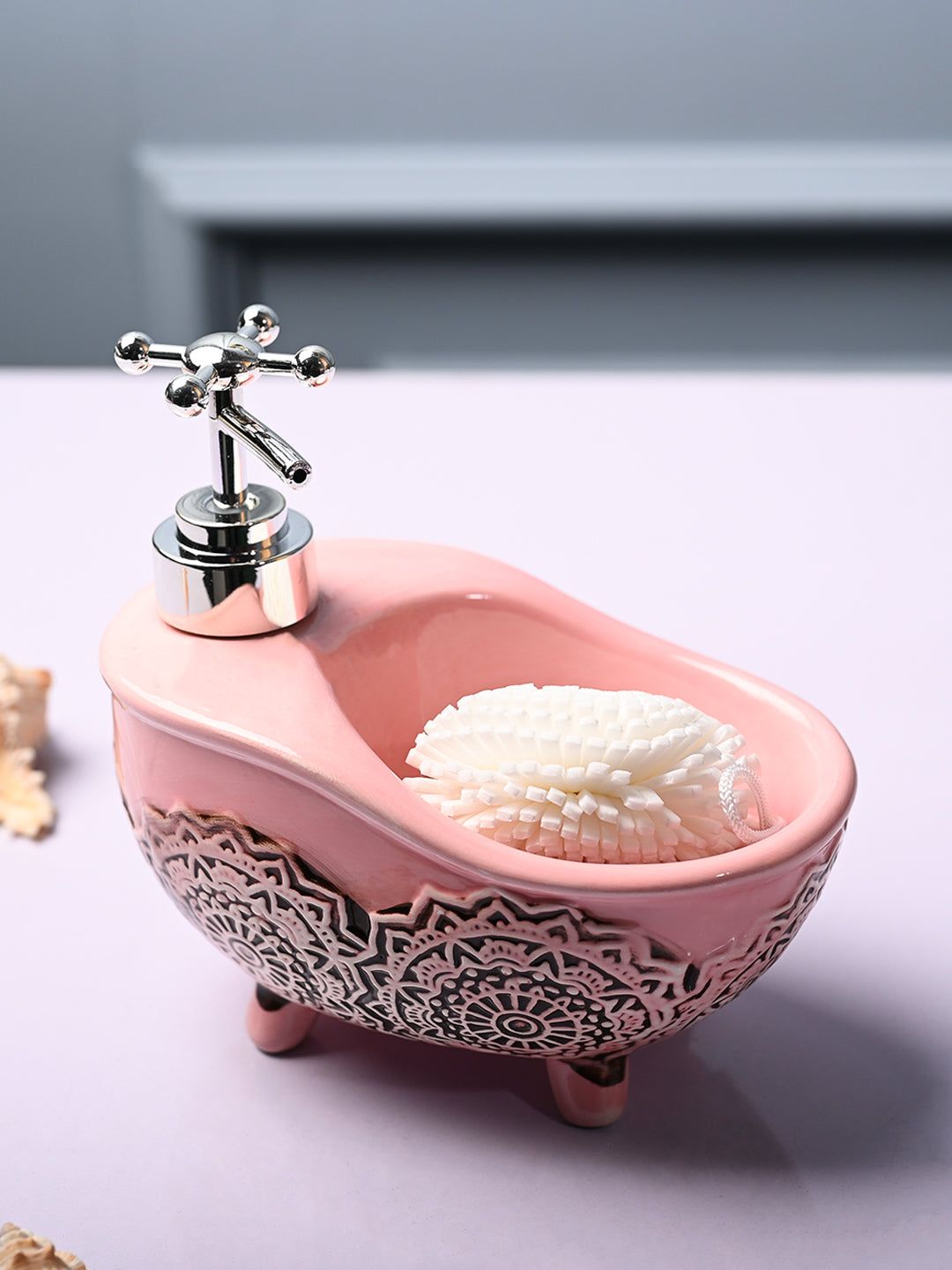 Ceramic Pink Bath Tub Shaped Soap Dispenser - Embossed Glossy Finish