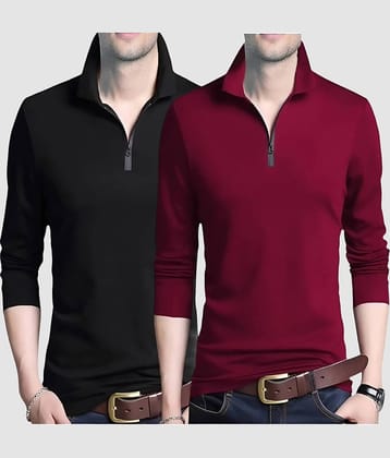 TAZO Pack of 2 Cotton Blend Regular Fit Solid Full Sleeves Men's Polo T Shirt ( Black )
