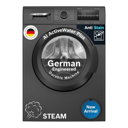 Bosch 8 kg 5 Star Front Load Fully-Automatic Washing Machine, AI ActiveWater,15 Wash Programs, Removes 99.9% Germs with Steam, No Tangle or Wrinkle, Zero Vibration, Black/Grey, WAJ2826CIN Bosch 8 kg 5 Star Front Load Fully-Automatic Washing Machine, AI A