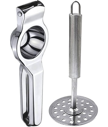 OC9 Silver Stainless Steel Lemon Squeezer+Potato Masher ( Set of 2 )